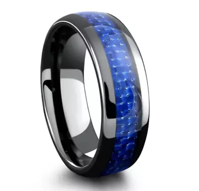 Free Engraving Ceramic Black With Blue Carbon Fiber Wedding Band Ring Men's • $22.46