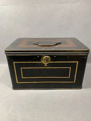 Antique Metal Tin Toleware Hinged Tea Caddy Box W/handle Cash Box Tea • $49.95