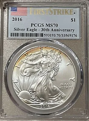 2016 SILVER EAGLE PCGS-MS70 FIRST STRIKE 30th ANNIVERSARY LIGHTLY TONED • $91.45