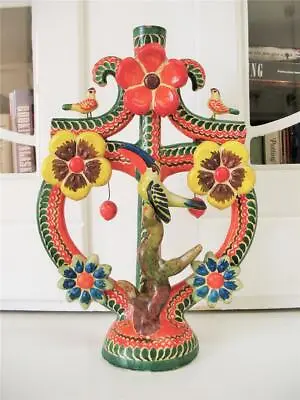 Vintage Folk Art Mexico Pottery Tree Of Life Candelabra Birds Flowers 12  Candle • $85