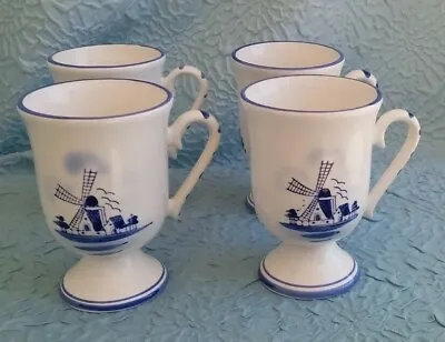 $18 • Buy Set Of 4 Delft Blue Holland Pedestal Irish Coffee Mug Windmill Painted Rare