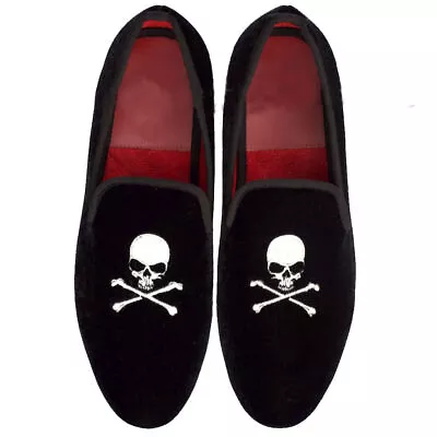 Men Handmade Shoes Black Velvet Skull Logo Silver Embroidery Casual New Loafers • £149.99