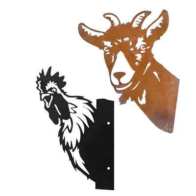 Farm Peeping Goat Chicken Metal Art Ornaments Garden Outdoor Wall Mounted BibKb • £11.15