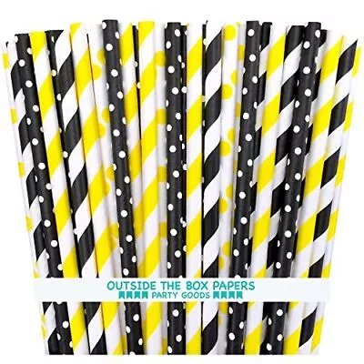 Bee Theme Striped And Polka Dot Paper Straws 7.75 Inches 100 Pack Black Yellow W • $14.24