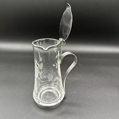 Vintage Etched 4.5 Inch Syrup Pitcher With Metal Lid And Handle • $22