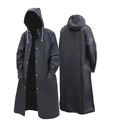 Men Black Waterproof Long Raincoat Rain Coat Hooded Trench Jacket Hiking Camping • $17.59