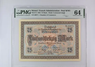 MEMEL 75 Mark (1922) Lithuania Germany Klaipeda S/n 09971 UNC PMG 64 • $555