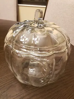 Glass Pumpkin Candy Cookie Jar With Lid Anchor Hocking HALLOWEEN FALL HOME DECOR • $8