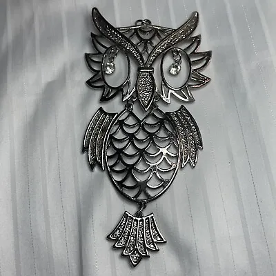 Vintage Silver Tone Articulated Owl Pendant Necklace - Large- 4 1/2” • $2