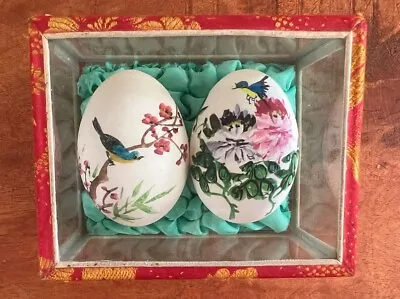 Vintage Chinese Hand Painted Eggs In  Glass Cabinet Birds Flowers • $36