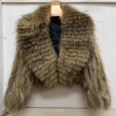 Women's Real Raccoon Fur Weave Short Coat Big Lapel Jackets Casual Outwear Parka • $149.78