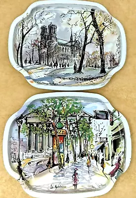 Vintage Elite Tin Snack Trays Puillery Paris Scenes Set 2 Madeleine Notre Dame • £12.52