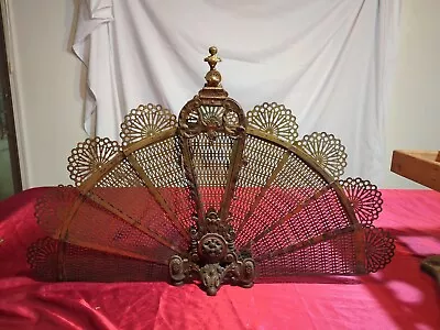 Vintage Brass Peacock Ornate Folding Guard Screen Fireplace Fan Out 23  T X 36  • $300