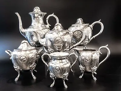 Antique Silverplate Tea Set Medallion Portrait Coffee Service 1800s • $1499