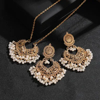 Indian Bollywood Gold Plated Pearl Bridal Heart Necklace Earrings Jewelry Set • $7.99