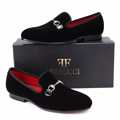Handmade FERUCCI Men Black Velvet Slippers Loafers With Gold Horsebit  • $149.99