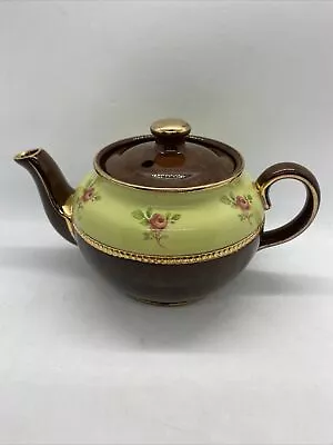 Vintage Sadler Teapot Staffordshire England Brown & Yellow Gold Trim Pink Floral • $34.99