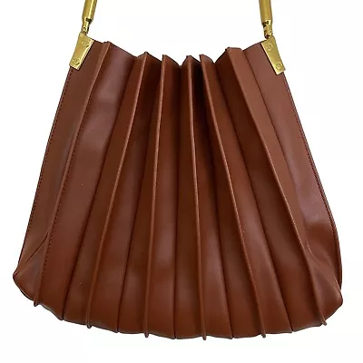 Melie Bianco Carrie Vegan Leather Pleated Shoulder Bag Brown Saddle Pouch Incl • $74.88