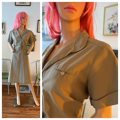 Vtg 70s Does 50s Shirt Waist Circle Tan Plus Size Workwear Uniform V NDress L XL • $13