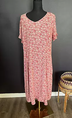 Eddie Bauer Women's Dress 90s Y2K Red Pink Floral Print Midi Size 18W Rayon • £33.23