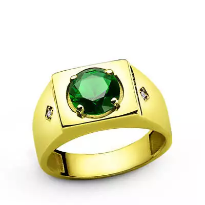 Green Emerald Ring For Men In 14k Yellow Gold With Genuine Diamonds • $715