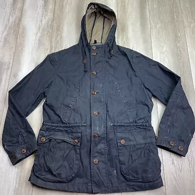 VINTAGE J.Crew Jacket Mens Large Navy Blue Winslow Waxed Hooded Field Chore • $68.84