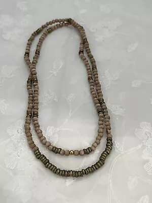 Tribal Ethnic Native Long Necklace Wood Beads Alternating With Brass Beads • $59