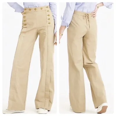 J. Crew Sailor Chino Khaki Button Front Wide Leg Pants Lace Up Back Size 12 • $75