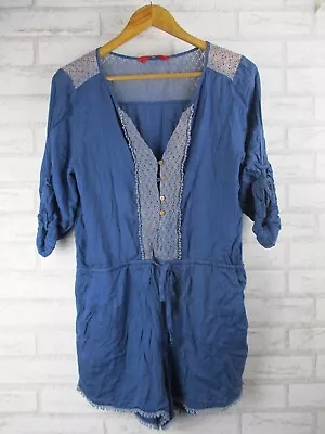 Tigerlily Womens Playsuit Jumpsuit Blue Lace Trim 10 Button Front • $34