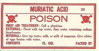 Vintage Pharmacy Label MURIATIC ACID POISON W/ Skull And Bones Apothecary Label • $44.25