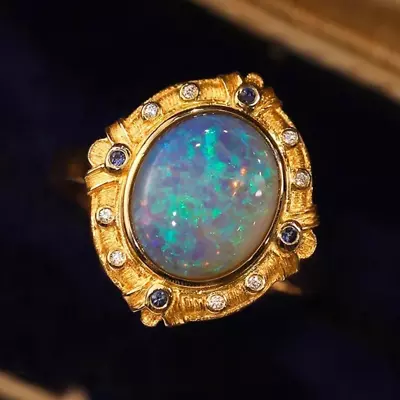 Retro Courtly Style Colorful Opal Natural Diamond Women Ring 14K Yellow Gold • $700