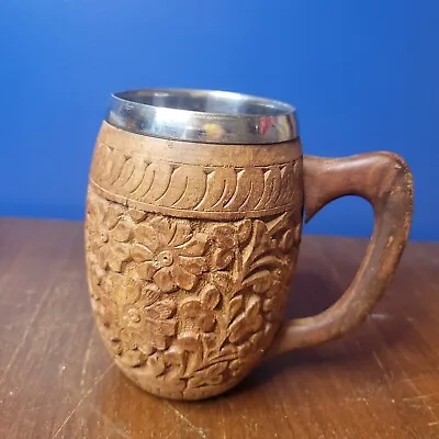 Vintage Hand Carved Wooden Beer Stein/Mug Used Metal Insert • $14