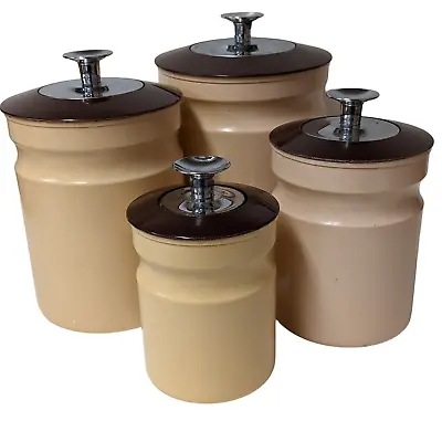 Kromex  Canister Set Of 4 Aluminum Brown And Tan With Plastic Lids Vintage • $14.57