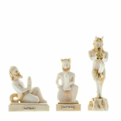 Set Of 3 Satyr Pan Greek Roman Mythology Penis Statue Handmade Alabaster Gold • £54.12