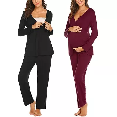 Women Maternity Long Sleeve Nursing Baby T-shirt Tops+Pants Pajamas Set Suit • £27.59