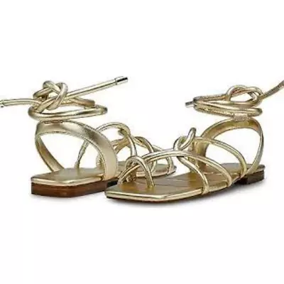NWT Vince Camuto Alminda Sandal 8 Gold Metallic Wrap Tie Ankle Flat Leather • $38.50