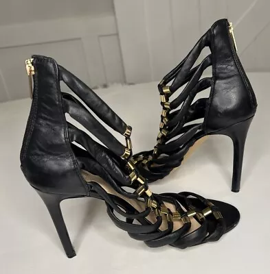 VINCE CAMUTO Black And Gold Hardware Troy Caged Dress Heels Sz 10 Gladiator • $37.99