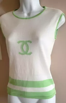 Auth. Vintage 00s Chanel Cc Logo Green White Sleeveless  Cotton Top  T-shirt 36 • $599