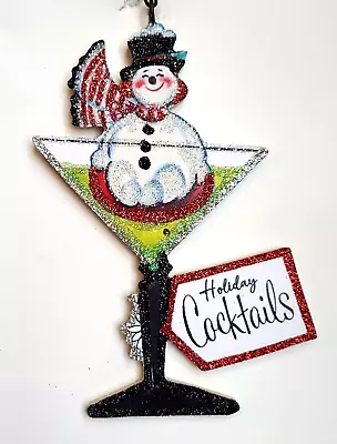 SNOWMAN In HOLIDAY COCKTAIL  * Glitter CHRISTMAS ORNAMENT * Vtg Img • $10.50