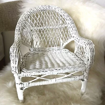 Vintage WICKER Loveseat RATTAN Doll CHAIR White DOLLHOUSE Bear SEAT Chic BOHO  • $23.35