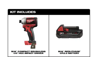 Milwaukee 2850-20 M18 Brushless 1/4  Hex Impact Driver + 18V 2AH Li-Ion Battery  • $109