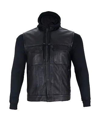 Men's Black Leather Vest Motorcycle Concealed Removable Black Hoodie Waistcoat • $98.99