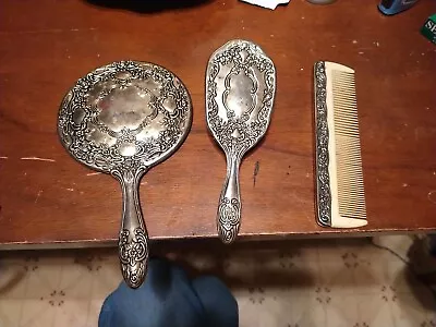 Vintage Vanity Mirror Brush Comb Grooming Set Sterling Silver Plated • $40
