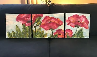  Hand Painted Signed Vt Artist Triptych Poppies Paintings Wall Decor Gorgeous! • $49