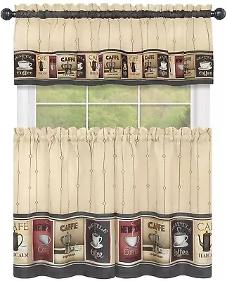 3pc. Printed Curtains Set: 2 Tiers & Valance (58 X13 ) COFFEE COZY CAFE Achim • $21.99