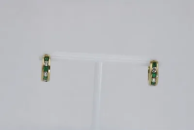 Vintage 14K Yellow Gold 0.50  Emerald & Diamond Huggie Earrings 0.42 Cttw • $549