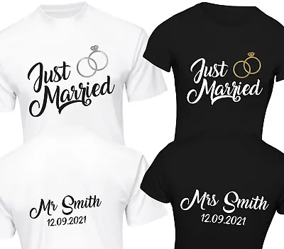 Personalised Just Married T-Shirt Set Front And Back Print Rings Couples Gift • £18.99