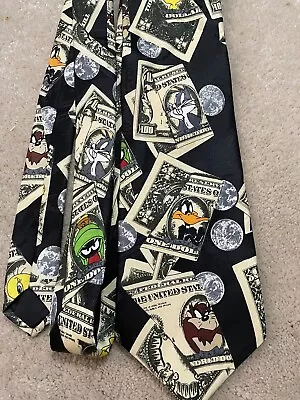 Looney Tunes Mens Necktie Taz Bugs Tweety Daffy Money Bills Novelty Tie • $9.95