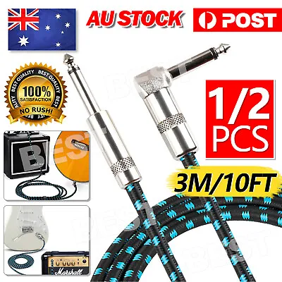 $9.45 • Buy 3M Guitar Lead 1 Right Angle Jack Noiseless Braided Tweed Instrument Cable New