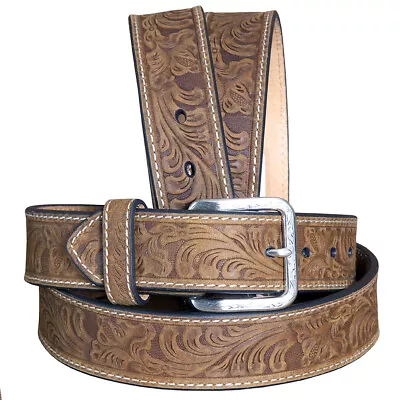 78MF Nocona Leather Mens Belt Embossed Floral Tooled Engraved Buckle Brown • $35